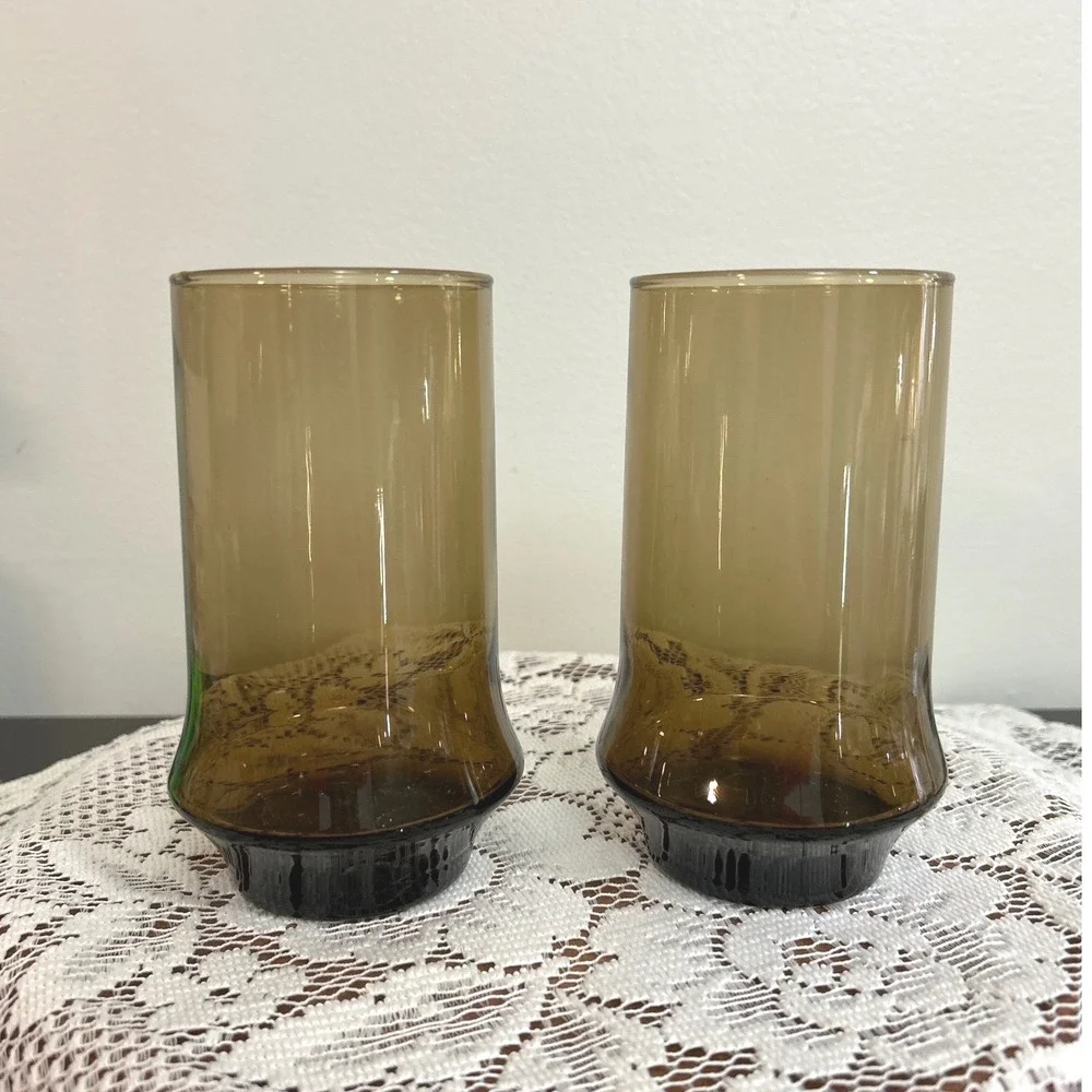 Libbey Glasses Smoke Brown Highball Tumblers Mid Century Flared 1970s Set of 2